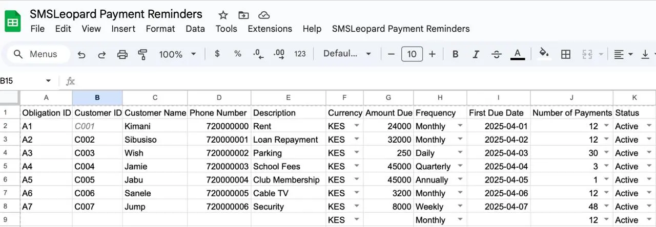 Payments Collection Spreadsheet
